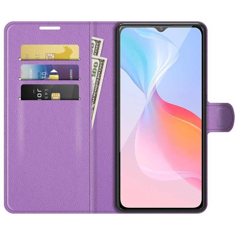 Litchi PU kožené peněženkové pouzdro na mobil Vivo Y21/Y21s/Y33s - fialové