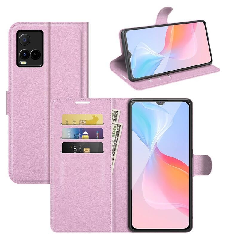 Litchi PU kožené peněženkové pouzdro na mobil Vivo Y21/Y21s/Y33s - růžové