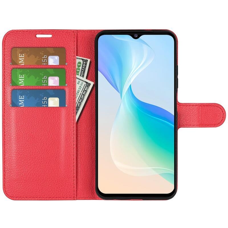 Litchi PU kožené peněženkové pouzdro na mobil Vivo Y76 5G/Y76s - červené