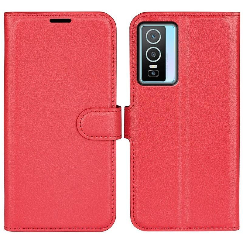 Litchi PU kožené peněženkové pouzdro na mobil Vivo Y76 5G/Y76s - červené