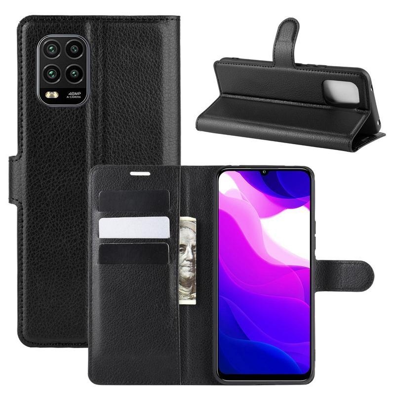 Litchi PU kožené peněženkové pouzdro na mobil Xiaomi Mi 10 Lite - černé