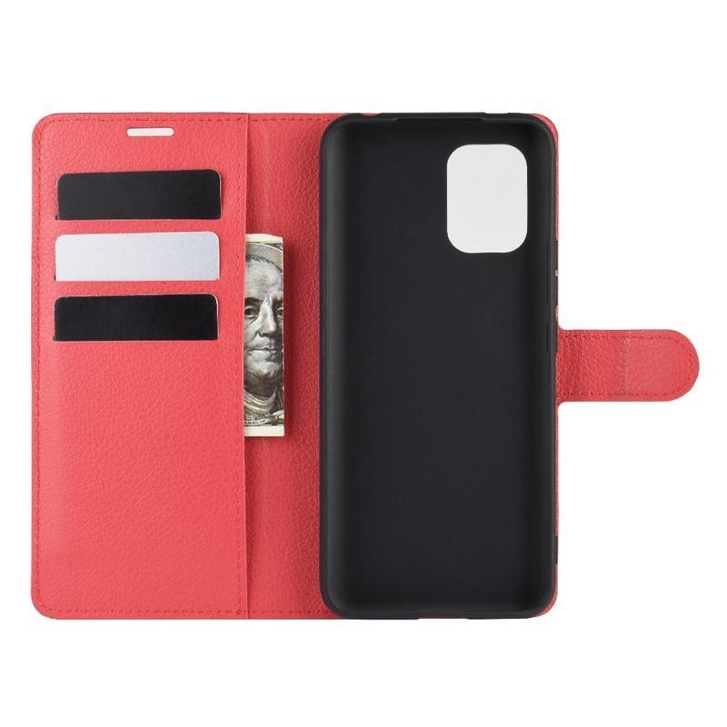 Litchi PU kožené peněženkové pouzdro na mobil Xiaomi Mi 10 Lite - červené