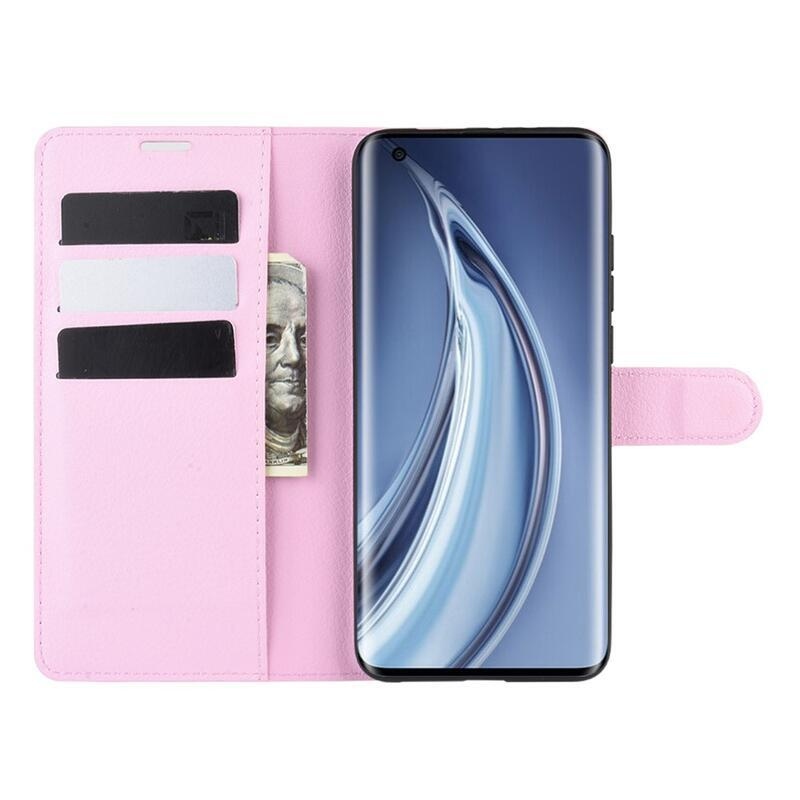 Litchi PU kožené peněženkové pouzdro na mobil Xiaomi Mi 10/Mi 10 Pro - růžové