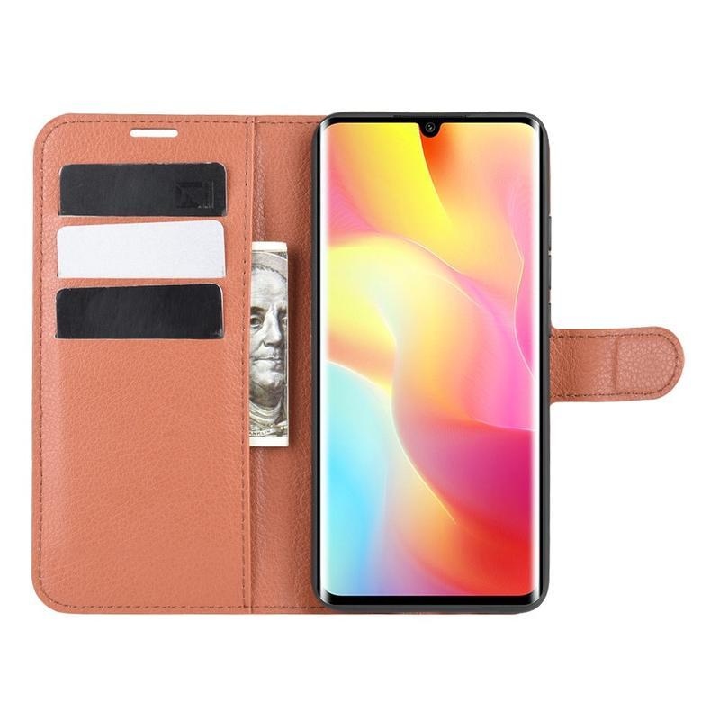 Litchi PU kožené peněženkové pouzdro na mobil Xiaomi Mi Note 10 Lite - hnědé
