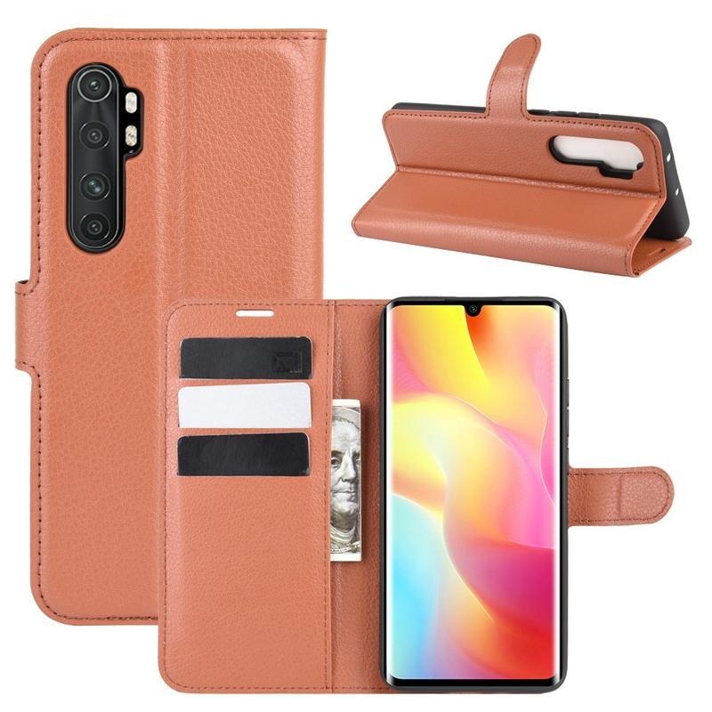 Litchi PU kožené peněženkové pouzdro na mobil Xiaomi Mi Note 10 Lite - hnědé