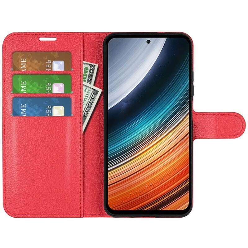 Litchi PU kožené peněženkové pouzdro na mobil Xiaomi Poco F4 5G - červené