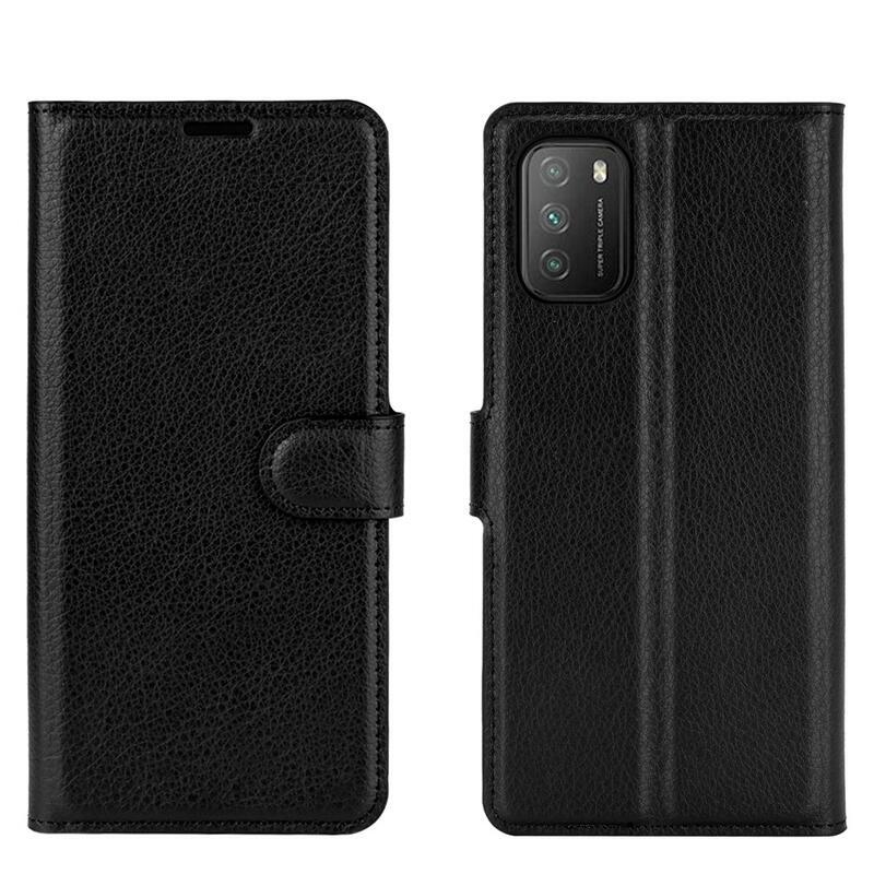Litchi PU kožené peněženkové pouzdro na mobil Xiaomi Poco M3 - černé