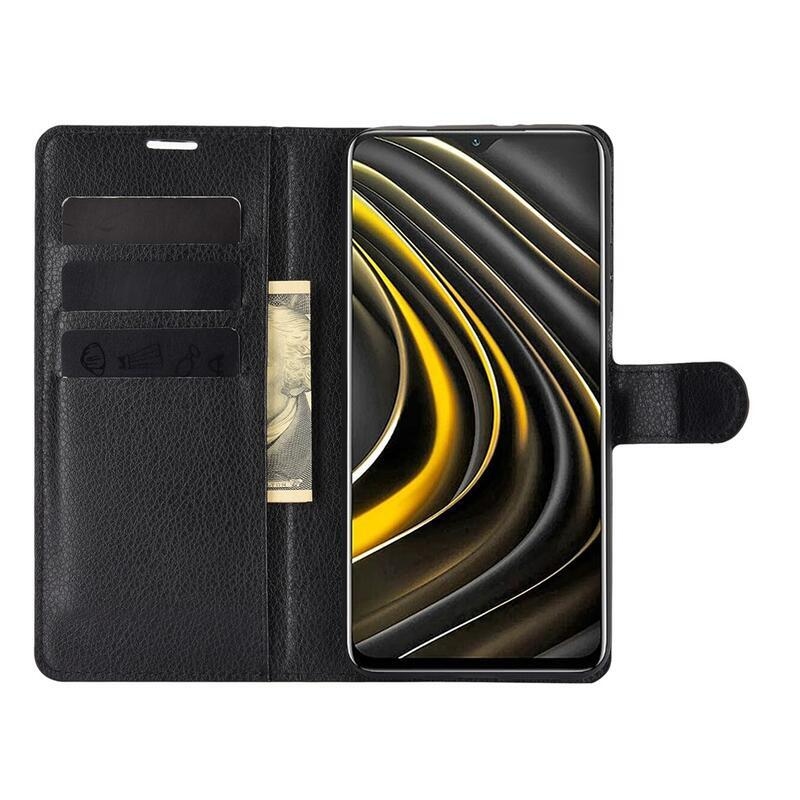 Litchi PU kožené peněženkové pouzdro na mobil Xiaomi Poco M3 - černé