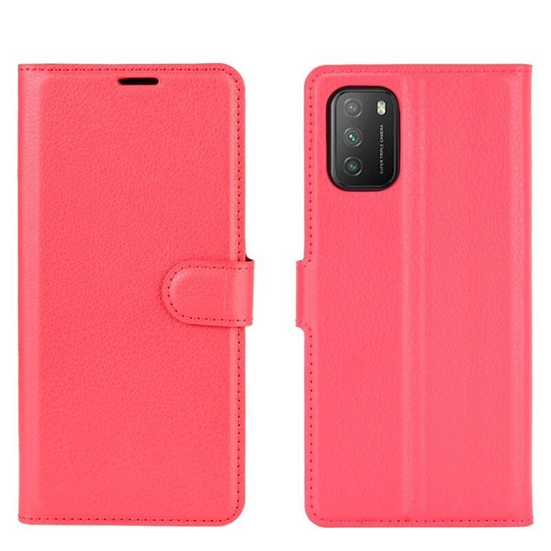 Litchi PU kožené peněženkové pouzdro na mobil Xiaomi Poco M3 - červené