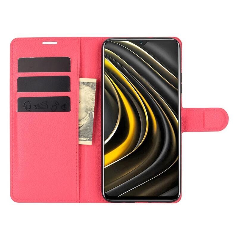 Litchi PU kožené peněženkové pouzdro na mobil Xiaomi Poco M3 - červené