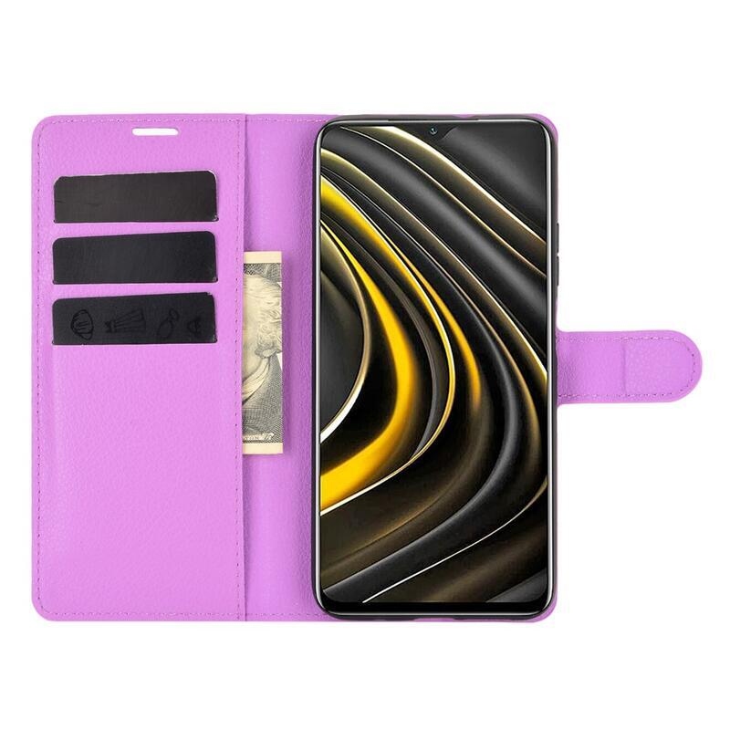 Litchi PU kožené peněženkové pouzdro na mobil Xiaomi Poco M3 - fialové