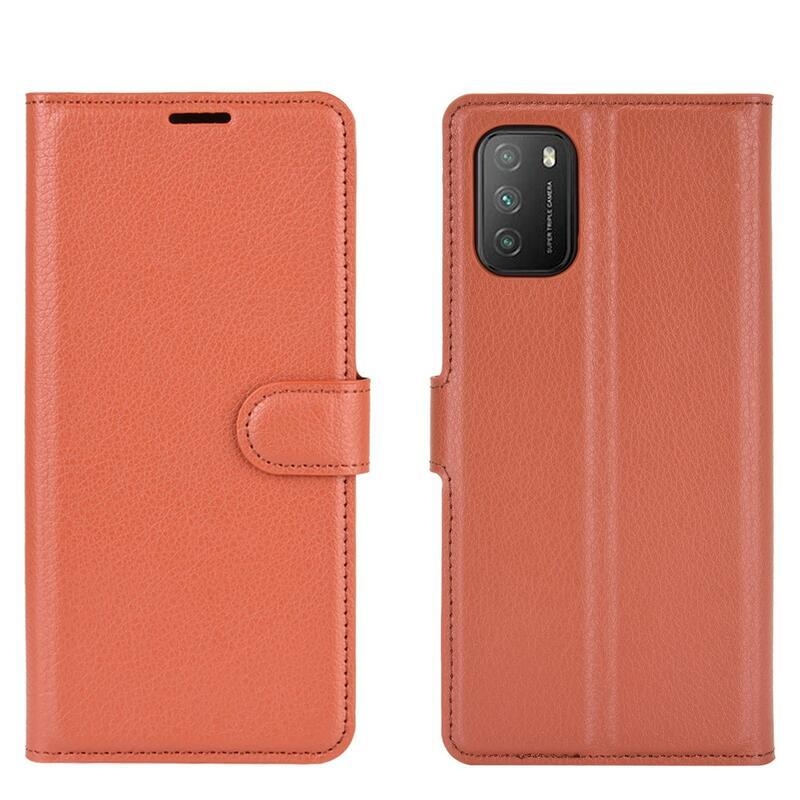 Litchi PU kožené peněženkové pouzdro na mobil Xiaomi Poco M3 - hnědé