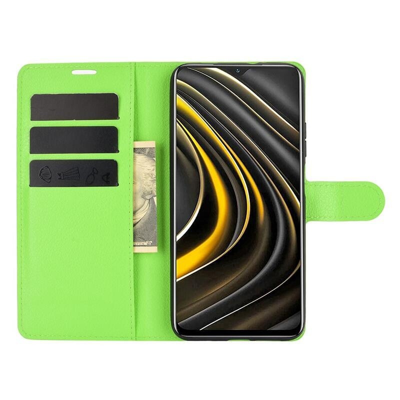 Litchi PU kožené peněženkové pouzdro na mobil Xiaomi Poco M3 - zelené