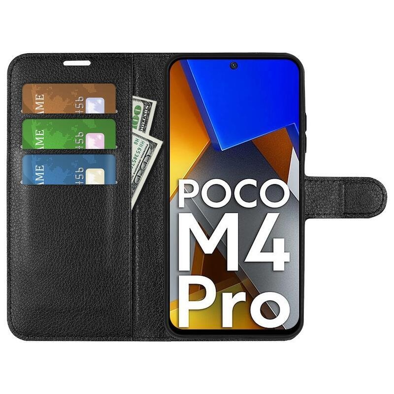 Litchi PU kožené peněženkové pouzdro na mobil Xiaomi Poco M4 Pro 4G - černé
