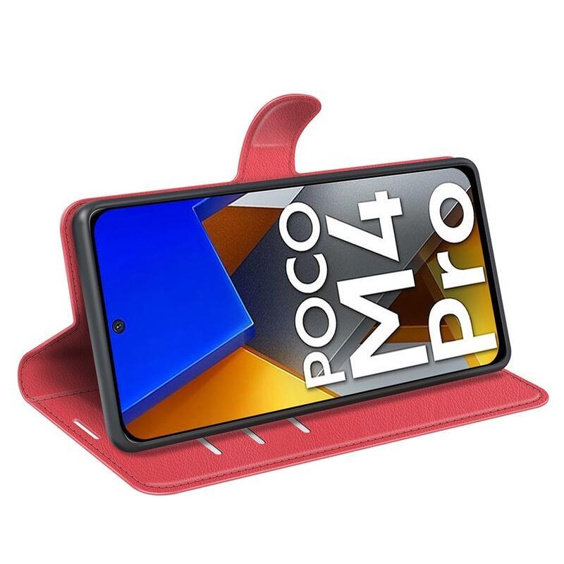 Litchi PU kožené peněženkové pouzdro na mobil Xiaomi Poco M4 Pro 4G - červené