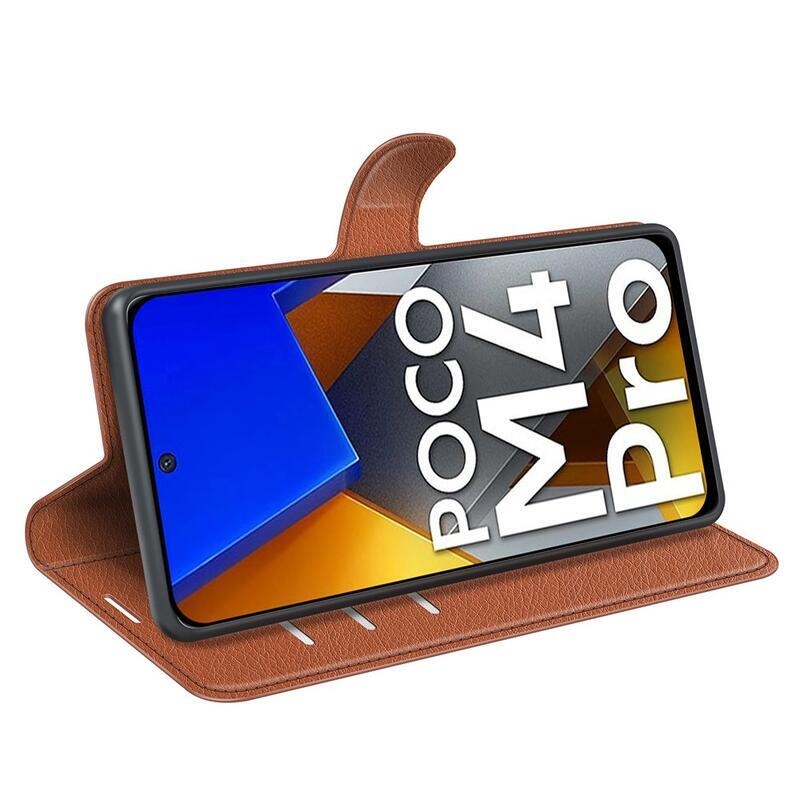 Litchi PU kožené peněženkové pouzdro na mobil Xiaomi Poco M4 Pro 4G - hnědé