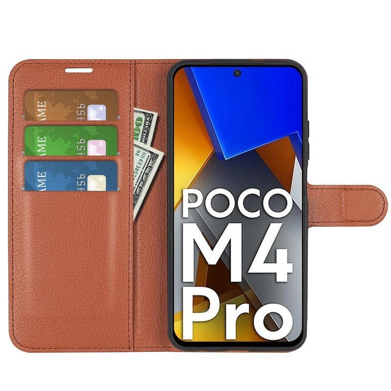 Litchi PU kožené peněženkové pouzdro na mobil Xiaomi Poco M4 Pro 4G - hnědé
