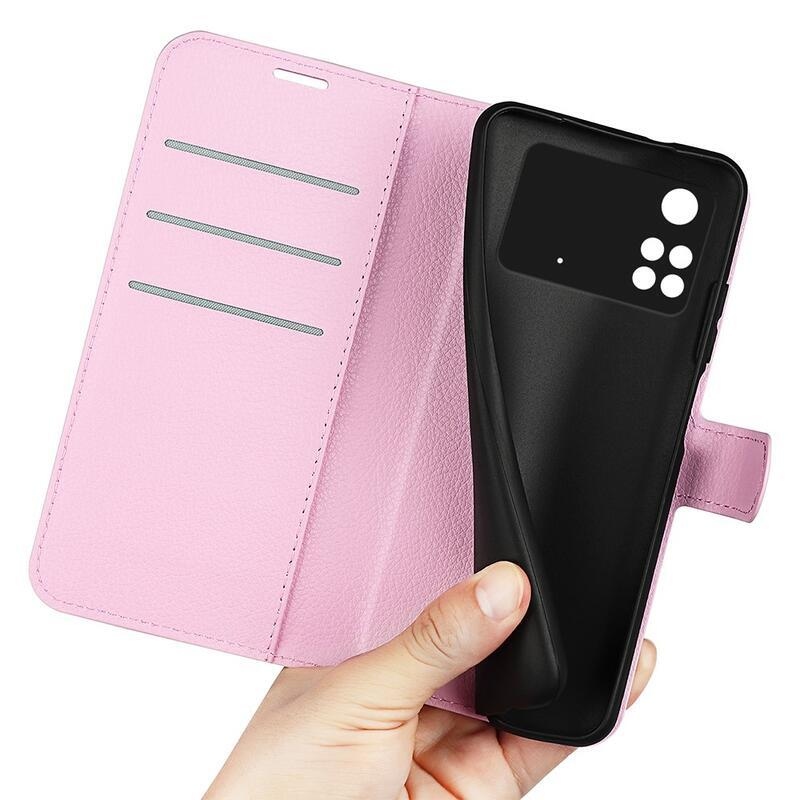Litchi PU kožené peněženkové pouzdro na mobil Xiaomi Poco M4 Pro 4G - růžové