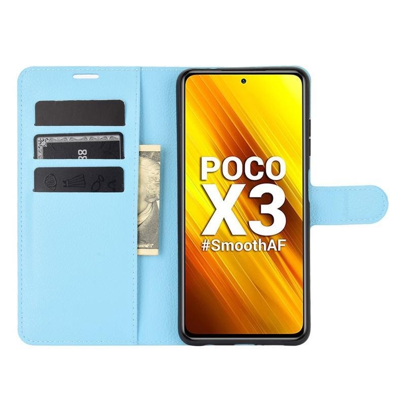 Litchi PU kožené peněženkové pouzdro na mobil Xiaomi Poco X3/X3 Pro - světlemodré