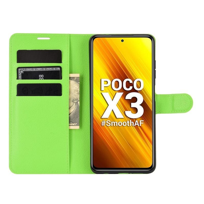 Litchi PU kožené peněženkové pouzdro na mobil Xiaomi Poco X3/X3 Pro - zelené