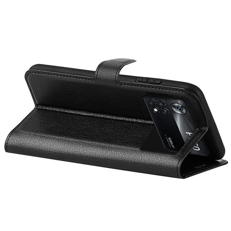 Litchi PU kožené peněženkové pouzdro na mobil Xiaomi Poco X4 Pro 5G - černé
