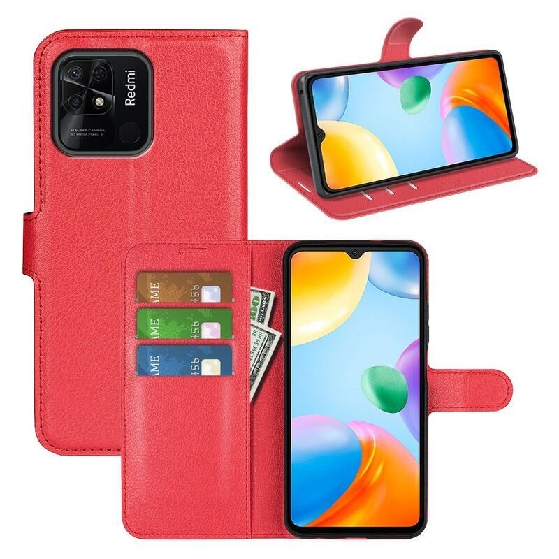 Litchi PU kožené peněženkové pouzdro na mobil Xiaomi Redmi 10C - červené