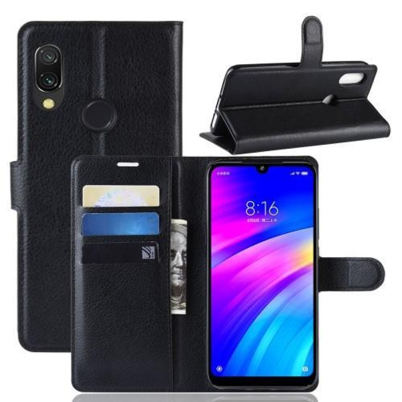 Litchi PU kožené peněženkové pouzdro na mobil Xiaomi Redmi 7 - černý