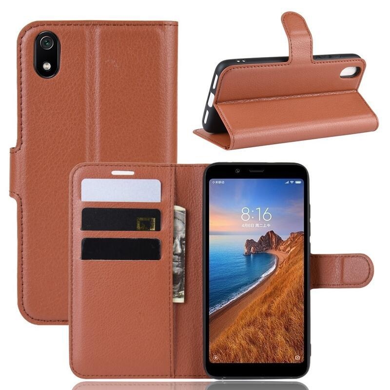 Litchi PU kožené peněženkové pouzdro na mobil Xiaomi Redmi 7A - hnědé