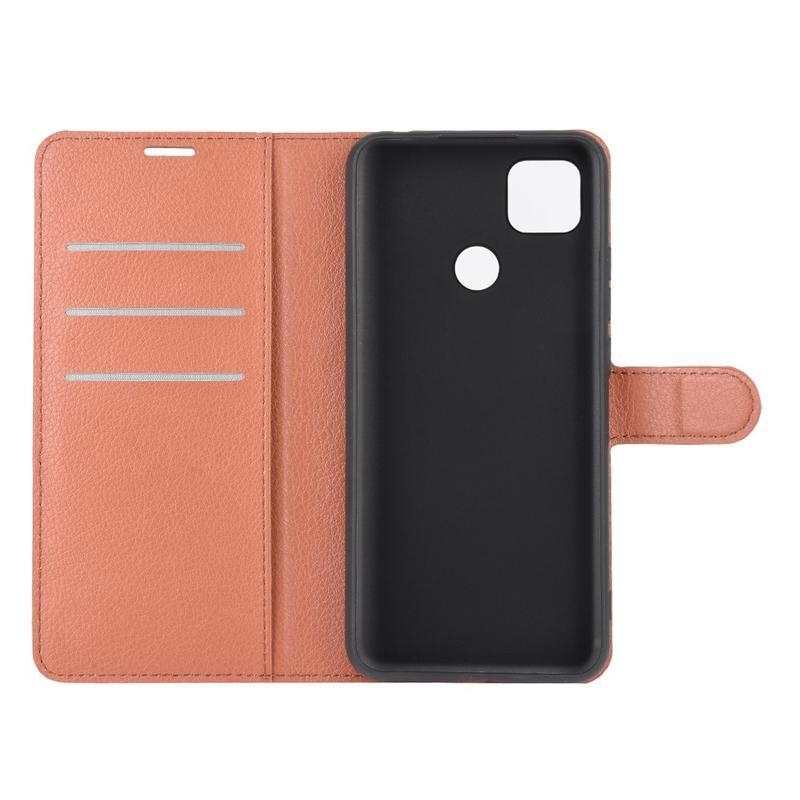 Litchi PU kožené peněženkové pouzdro na mobil Xiaomi Redmi 9C - hnědé