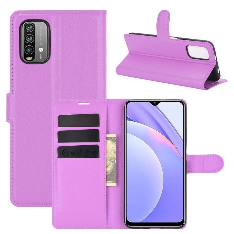 Litchi PU kožené peněženkové pouzdro na mobil Xiaomi Redmi 9T/Poco M3 - fialové