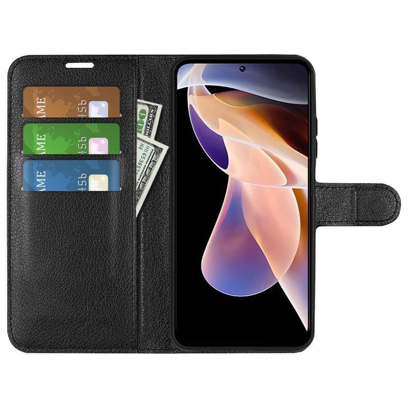 Litchi PU kožené peněženkové pouzdro na mobil Xiaomi Redmi Note 11 Pro+ 5G - černé