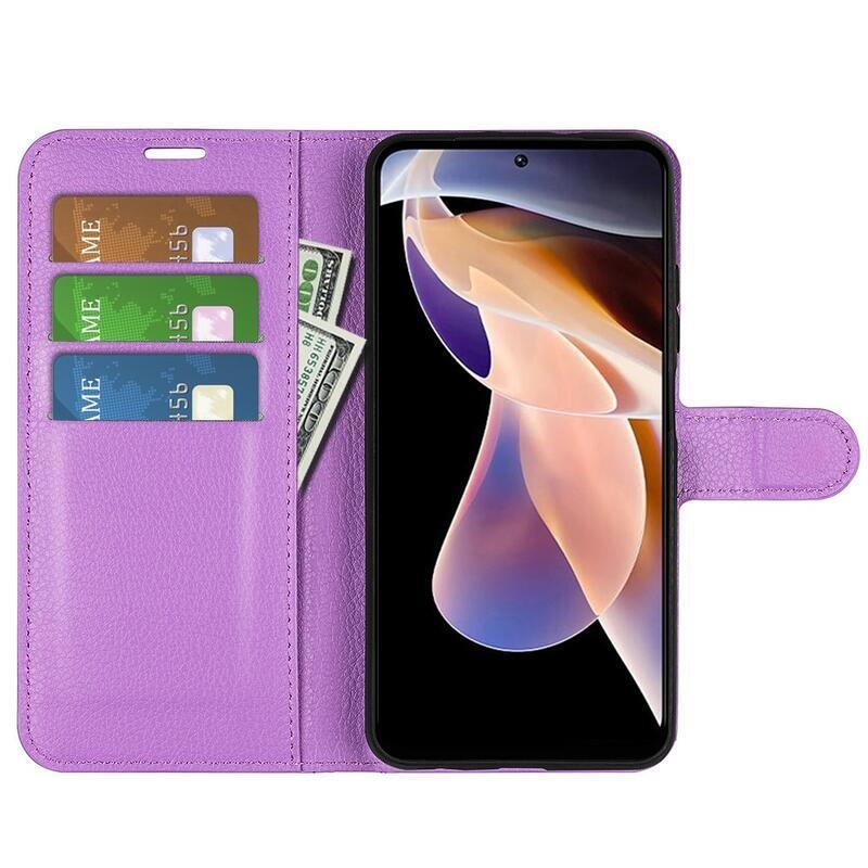 Litchi PU kožené peněženkové pouzdro na mobil Xiaomi Redmi Note 11 Pro+ 5G - fialové