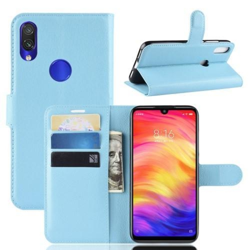 Litchi PU kožené peněženkové pouzdro na mobil Xiaomi Redmi Note 7 - modré