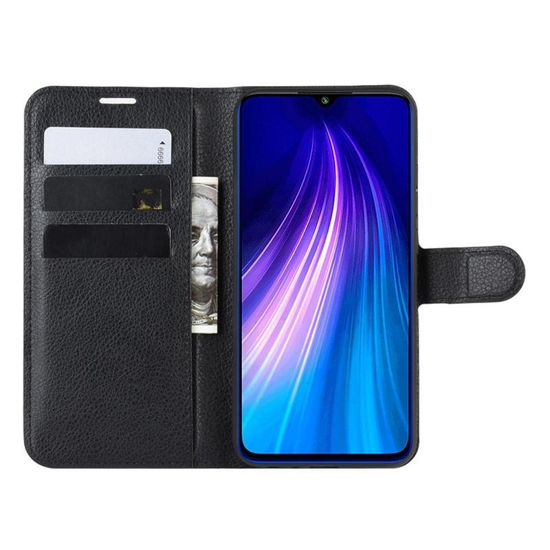 Litchi PU kožené peněženkové pouzdro na mobil Xiaomi Redmi Note 8T - černé