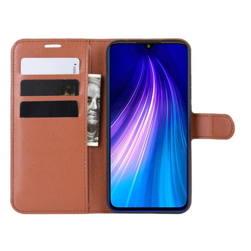 Litchi PU kožené peněženkové pouzdro na mobil Xiaomi Redmi Note 8T - hnědé