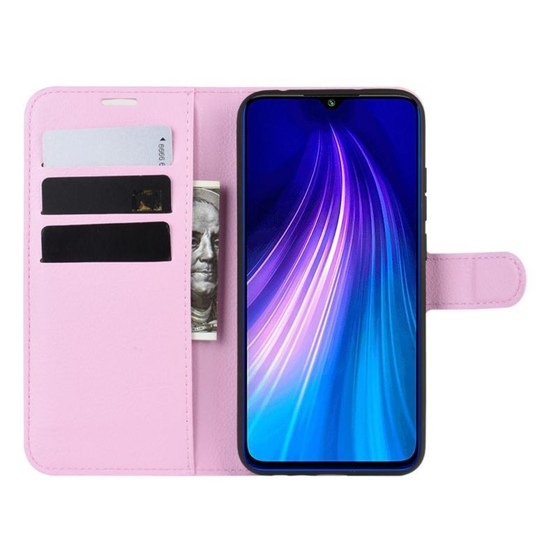 Litchi PU kožené peněženkové pouzdro na mobil Xiaomi Redmi Note 8T - růžové