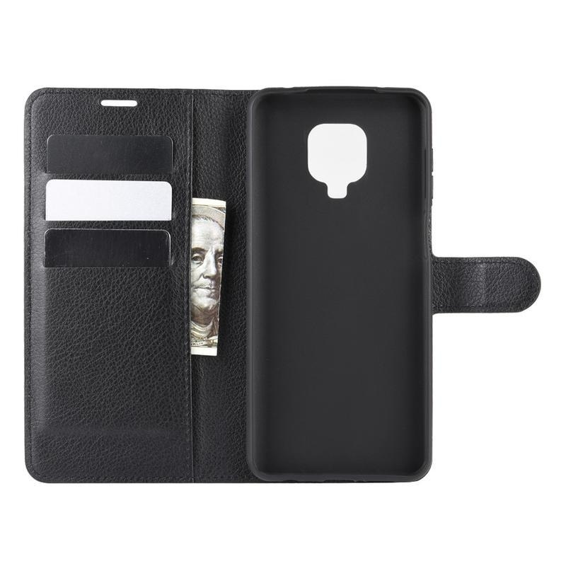 Litchi PU kožené peněženkové pouzdro na mobil Xiaomi Redmi Note 9 Pro/Note 9S - černé