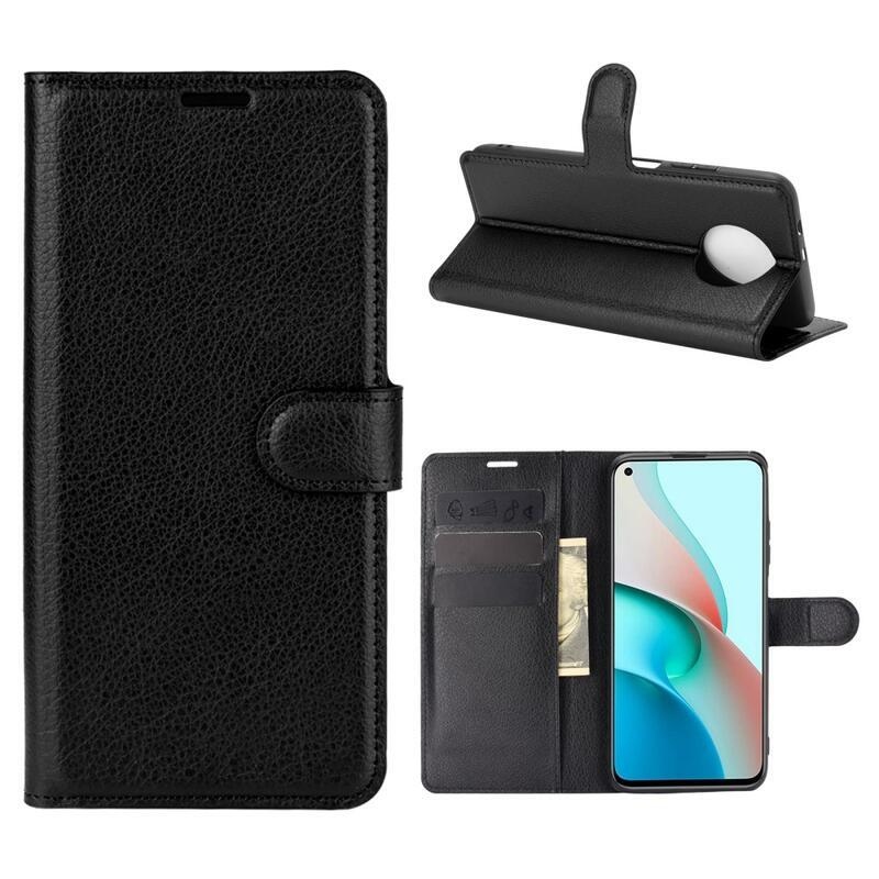 Litchi PU kožené peněženkové pouzdro na mobil Xiaomi Redmi Note 9T 5G - černé