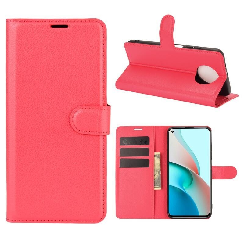 Litchi PU kožené peněženkové pouzdro na mobil Xiaomi Redmi Note 9T 5G - červené