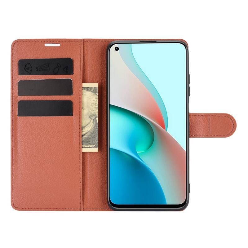 Litchi PU kožené peněženkové pouzdro na mobil Xiaomi Redmi Note 9T 5G - hnědé