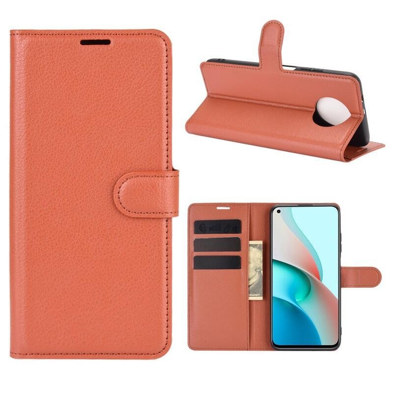 Litchi PU kožené peněženkové pouzdro na mobil Xiaomi Redmi Note 9T 5G - hnědé