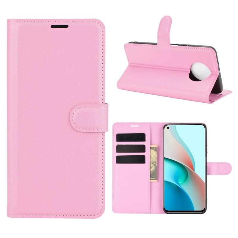 Litchi PU kožené peněženkové pouzdro na mobil Xiaomi Redmi Note 9T 5G - růžové