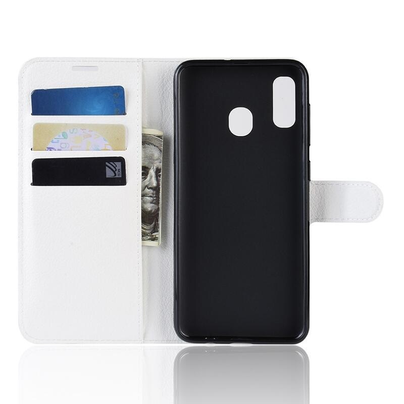 Litchi PU kožené peněženkové pouzdro na mobilní telefon Samsung Galaxy A40 - bílé