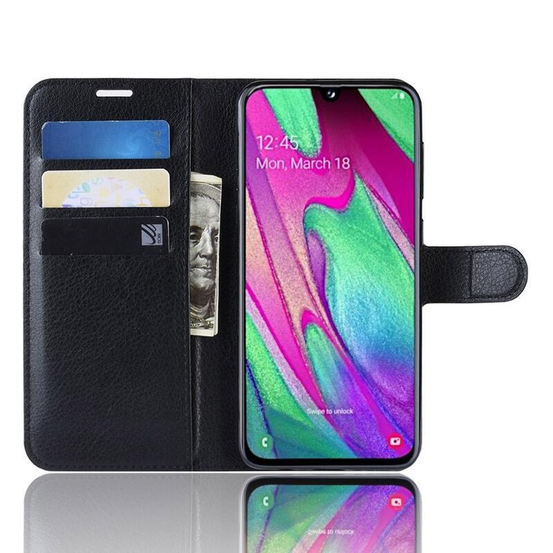 Litchi PU kožené peněženkové pouzdro na mobilní telefon Samsung Galaxy A40 - černé