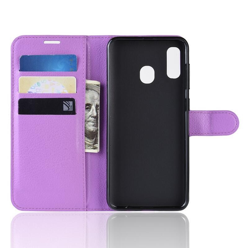 Litchi PU kožené peněženkové pouzdro na mobilní telefon Samsung Galaxy A40 - fialové