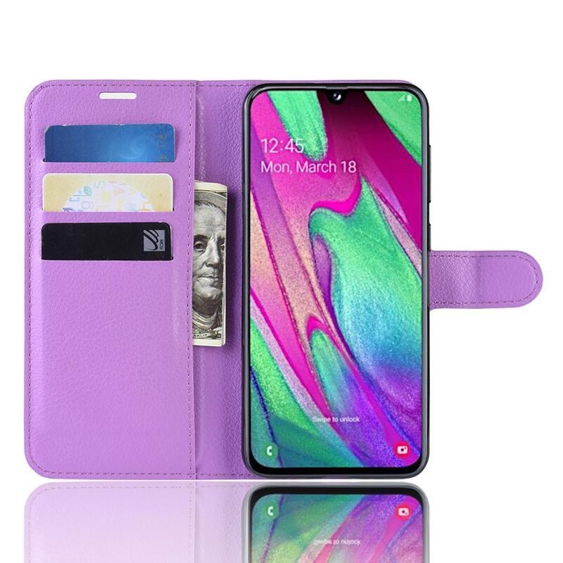 Litchi PU kožené peněženkové pouzdro na mobilní telefon Samsung Galaxy A40 - fialové