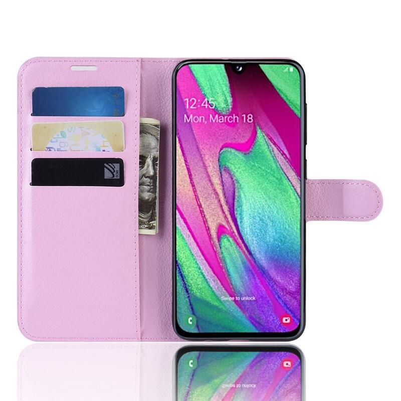 Litchi PU kožené peněženkové pouzdro na mobilní telefon Samsung Galaxy A40 - růžové