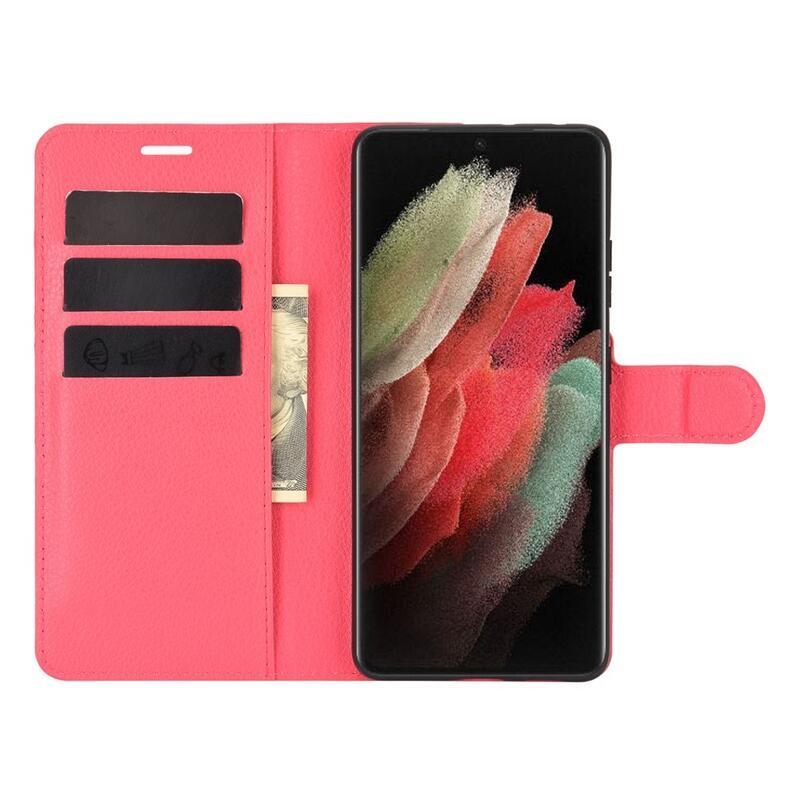 Litchi PU kožené peněženkové pouzdro na mobilní telefon Samsung Galaxy S21 Ultra 5G - červené