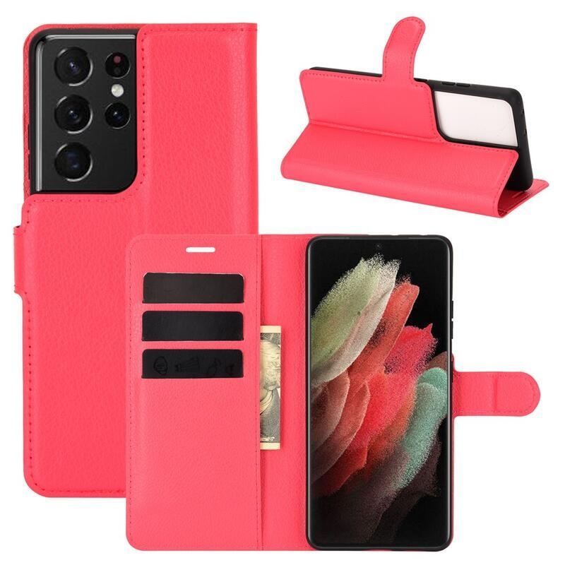 Litchi PU kožené peněženkové pouzdro na mobilní telefon Samsung Galaxy S21 Ultra 5G - červené