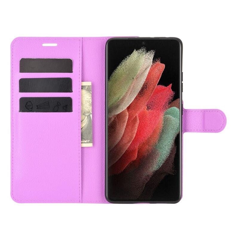 Litchi PU kožené peněženkové pouzdro na mobilní telefon Samsung Galaxy S21 Ultra 5G - fialové